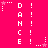 A bright pink background displays repeated vertical of the word DANCE in white pixelated text with exclamation marks, interspersed with small star icons that change position across frames
