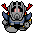 Pixel art of a gray armored figure with red eyes and blue shoulder pads, holding two red-and-yellow weapons against a light gray background.