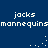 Blue background with white pixelated text reading 'jacks' and 'mannequins' repeated, featuring animated dot patterns that shift position across frames.