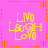 Pixelated text 'Live Laugh Love' in yellow on pink background with orange decorative borders, arranged in a of four identical sections