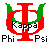 Pixelated graphic with red and green stylized lettering over gray background, featuring 'Kappa' text across central symbol.