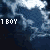 pixelated blue-and-white cloud-like shapes with text overlays changing across frames, showing '1 BOY', '1 GIRL', and '2 HEARTS' in white block letters