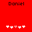 Red background with black text 'Daniel' at top, five white and pink pixelated heart icons below arranged in two different sequences.
