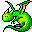 Pixelated green dragon with black outlines, pink and yellow accents on horns, two distinct poses showing different mouth positions.
