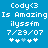 Blue background with white pixelated text reading Cody<3 Is Amazing ilyssfm 7/29/07 and five asterisks with one light blue, showing two animation frames where the third asterisk changes from white to light blue.