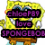 Yellow sponge character with large blue eyes, white shirt, brown pants, red tie, and wide grin in pixelated style.