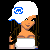 Pixel art contact sheet showing three frames of an animated buddy icon featuring a cartoon woman with long brown hair, white crop top, blue-and-white striped sleeves, light blue jeans, and a white cap with a blue logo, alongside the text "Slow but special" in blue script.