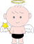 Pixelated angel icon with golden halo, white wings, black shorts, holding yellow star-tipped wand; two expressions shown side-by-side.