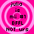 Four identical pink circular icons with white concentric rings display text: 'julia is mii #1 BFFL NOT urs' in black pixelated font.