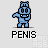 Pixelated blue cartoon character in multiple poses with 'PENIS' text below each, on light gray background.