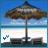 Beach scene with straw umbrella, two lounge chairs, and blue water under clear sky; small cyan 'Y' symbols on left side.