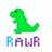 Green pixelated dinosaur with black eye and tail, standing upright, below text 'RAW' with one letter blue and three purple, in four variations.