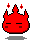 Red pixelated devil head with closed eyes, black outline, and flame-like top; gray shadow beneath. Small red sparkles above the head in some frames.
