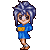 Animated pixel art contact sheet showing a character in blue dress with yellow chest patch performing various poses across 8 frames on gray background.