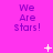A bright pink background displays repeated purple text "We Are Stars!" with scattered white star and plus symbols in a