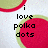 Pixelated text 'i love polka dots' appears over a red circular shape with green and red borders on a white background.