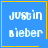 Blue square with yellow border contains white text 'justin bieber' and animated yellow symbols in bottom-right corner.