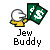 Pixelated cartoon character with yellow hands holding a green flag and white circular object, text below reads "Jew Buddy".