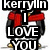 Pixelated penguin wearing red scarf and earmuffs with overlaid text reading 'kerrylm I LOVE YOU' on left, and same penguin without text on right.