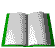 A sequence of 12 grayscale book illustrations with green borders, showing pages flipping through various states from open to closed.