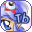 Pixelated cartoon face with blue hair, red mouth, and large eyes, featuring a stylized 'T' symbol and a blue-and-yellow lower section.