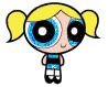 Three identical cartoon characters with yellow pigtails, large blue eyes, and black-and-white striped outfits stand against a gray background.