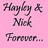 Pink background with handwritten text and black hearts, including 'Hayley & Nick Forever...', 'I Love You Monkey!', and date '4/4/05' in pixelated script.