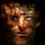 Pixelated face with warm brown and orange tones, closed eyes, and a neutral expression against dark background.
