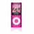 Three views of a pink and blue MP3 player with circular click wheels, one showing a screen with abstract patterns.