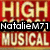 Red background with yellow 'HIGH SCHOOL MUSICAL' text, black overlay boxes containing white text reading 'NatalieM71', 'Loves', and 'High School Musical'.
