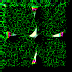 Animated sequence of a light blue starburst shape expanding from center with green pixelated background, transitioning through multiple stages of radiating lines and color variations.