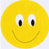 Yellow circular and star-shaped icons with smiling faces, eyes, and varying background colors including white, light purple, and pink.