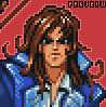 Pixel art portrait of a character with long brown hair, blue eyes, and sunglasses against red background.