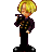 Pixel art character with blonde hair in multiple poses holding a small dark object, wearing purple and black clothing against gray background.
