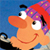 Pixelated cartoon character with orange skin, large white eyes, and a red hat featuring purple stripes and yellow dots against a blue background.