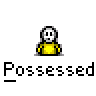A yellow-shirted figure with a white skull face and red cross eyes appears in a , transitioning from static to animated red particle effects