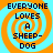 Four identical pixelated display 'EVERYONE LOVES A SHEEP-DOG' text over orange and cyan spiral backgrounds with black lettering