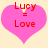 Two identical pink heart-shaped icons with red text 'Lucy = Love' on a light beige background.