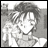A black-and-white animated contact sheet showing two frames of a pixelated anime-style character on the left and text elements on the right against a transparent background.