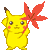 Pixelated yellow cartoon character with red maple leaf props in two sequential animation frames showing slight pose and prop changes against gray background.