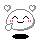 Pixel art character with rounded white head, closed eyes, red cheeks, and hand near face, surrounded by four white hearts on gray background.