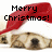 Pixelated dog wearing red Santa hat with 'Merry Christmas!' text above, lying on white background.