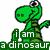 Green pixelated dinosaur with large eyes and striped body appears in multiple poses with text overlays reading 'i am a dinosaur', 'we ALL are dinosaurs', 'hear us RAWR!!!', and 'pfft'.
