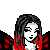 Pixel art contact sheet showing three frames of a gothic-themed animated icon with red and black color scheme, featuring stylized character elements and text.