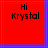 Red background with blue lines and black text reading "Hi Krystal" in two