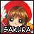 A 3x3 contact sheet of nine pixel art frames showing a character with brown hair and red headwear, each frame displaying slight variations in eye expression and text color beneath the character's name "SAKURA".