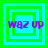 Four square display a sequence of nested green and cyan squares with purple text 'WAZ UP' overlaid, showing progressive changes in square layering and text position