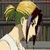 Pixelated anime-style character with dark hair and green foliage on head, wearing light-colored clothing against a blurred background.