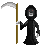 Pixel art depiction of a hooded figure in black robes holding a scythe with a silver blade and brown handle against a gray background.