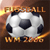 Pixelated static icon featuring a classic black-and-white soccer ball with orange text above and below, set against a dark brown background with fiery yellow-orange accents.